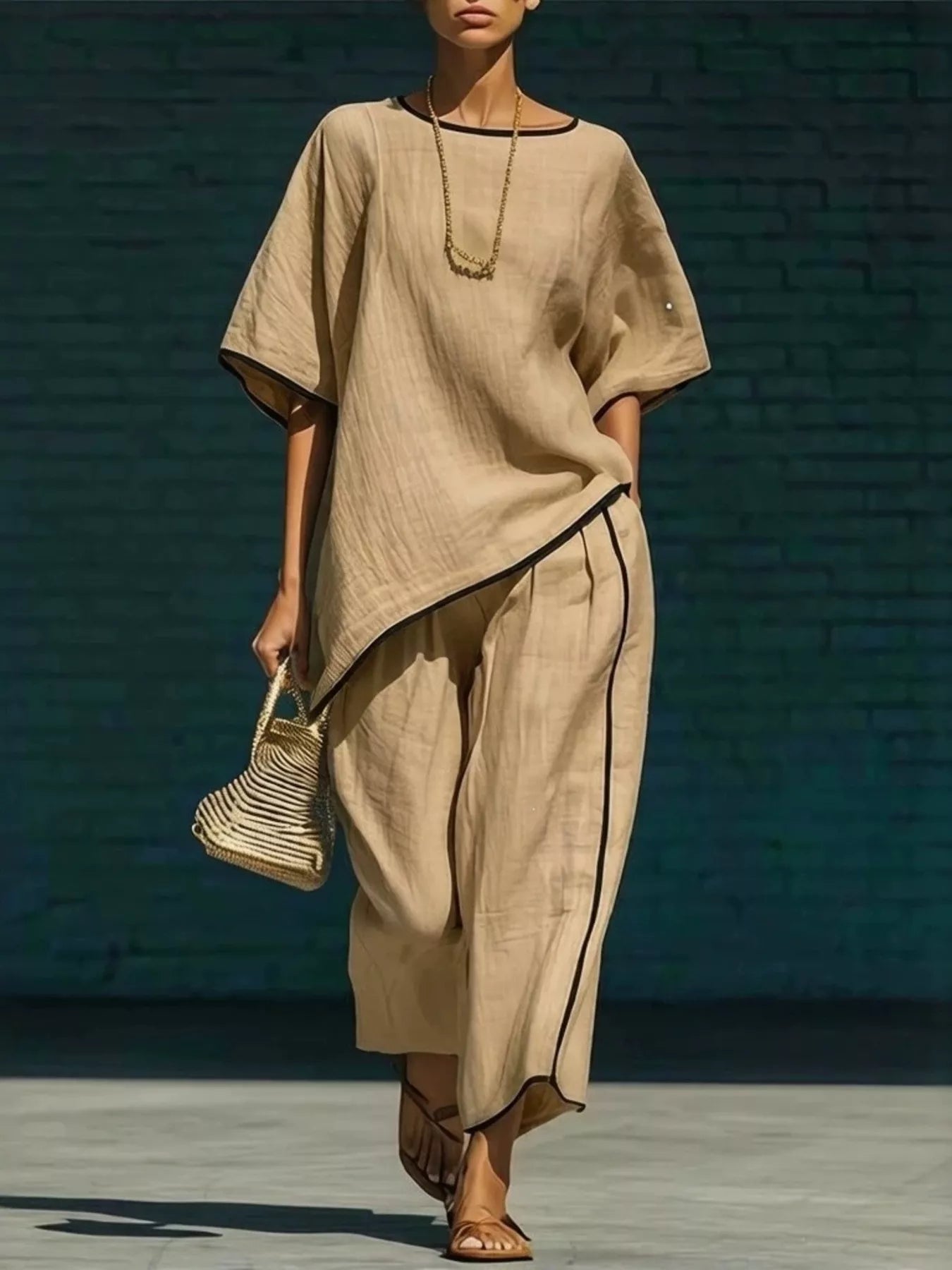 Full Size Contrast Trim Half Sleeve Top and Pants Set Plus Size