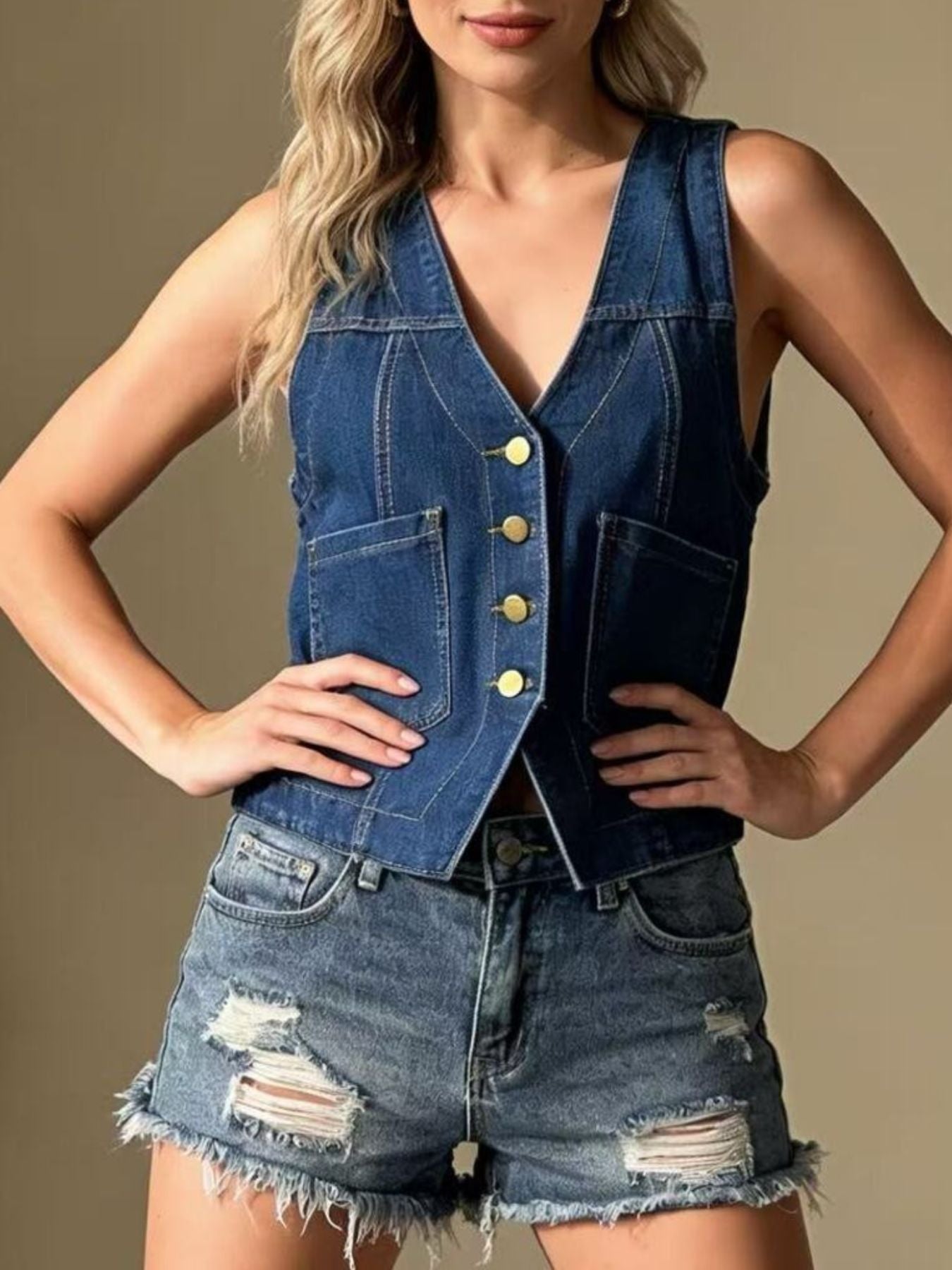 Plus Size Button-Down Denim Vest