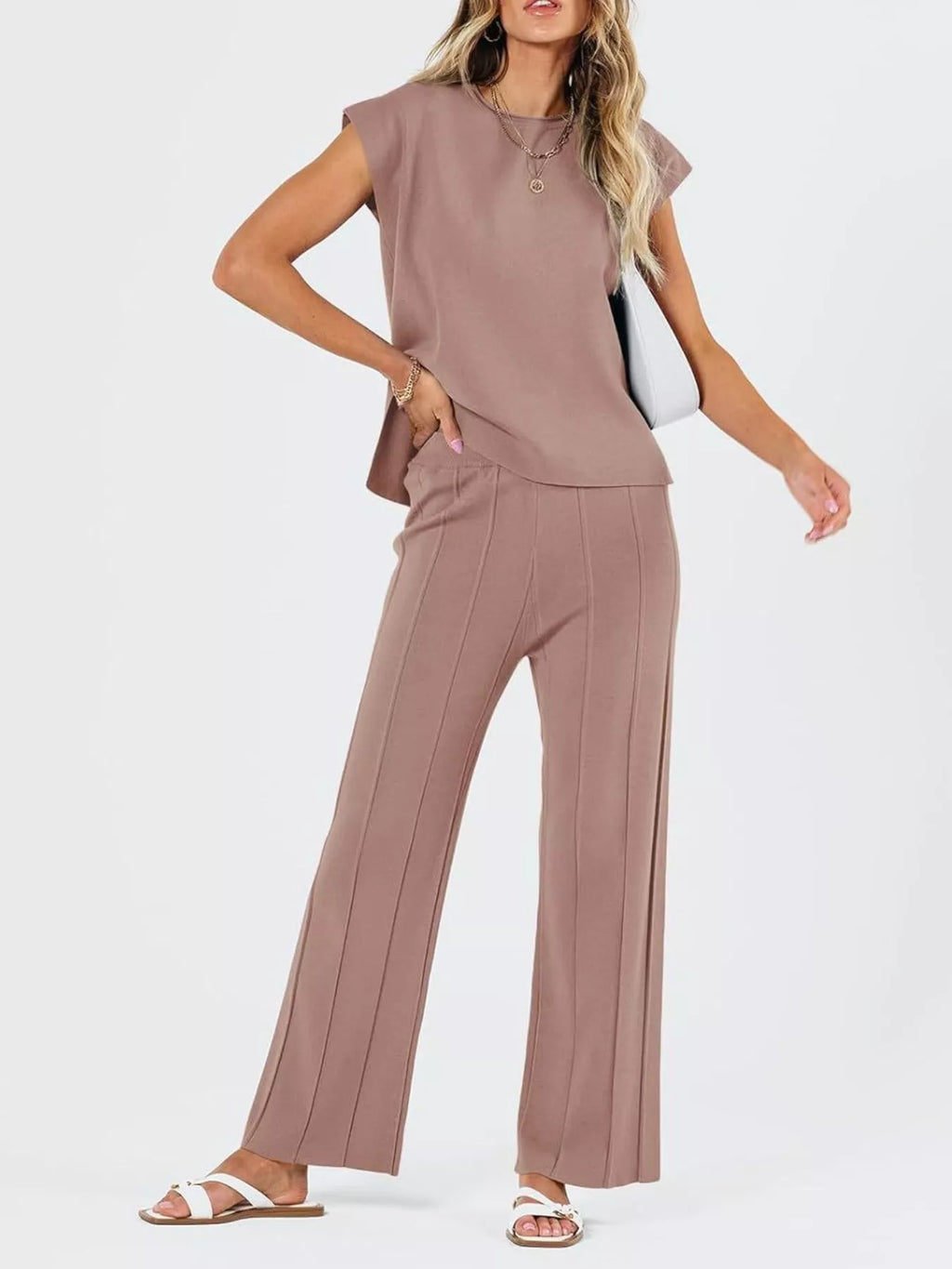 Casual Solid Color Cap Sleeve Top and Pants Knit Set