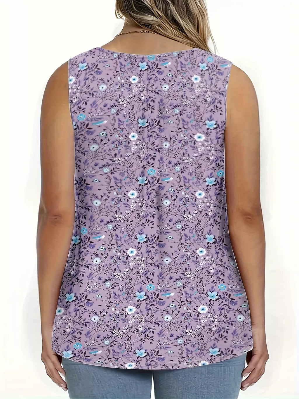 Full Size Floral Print Button Detail Tank Plus Size
