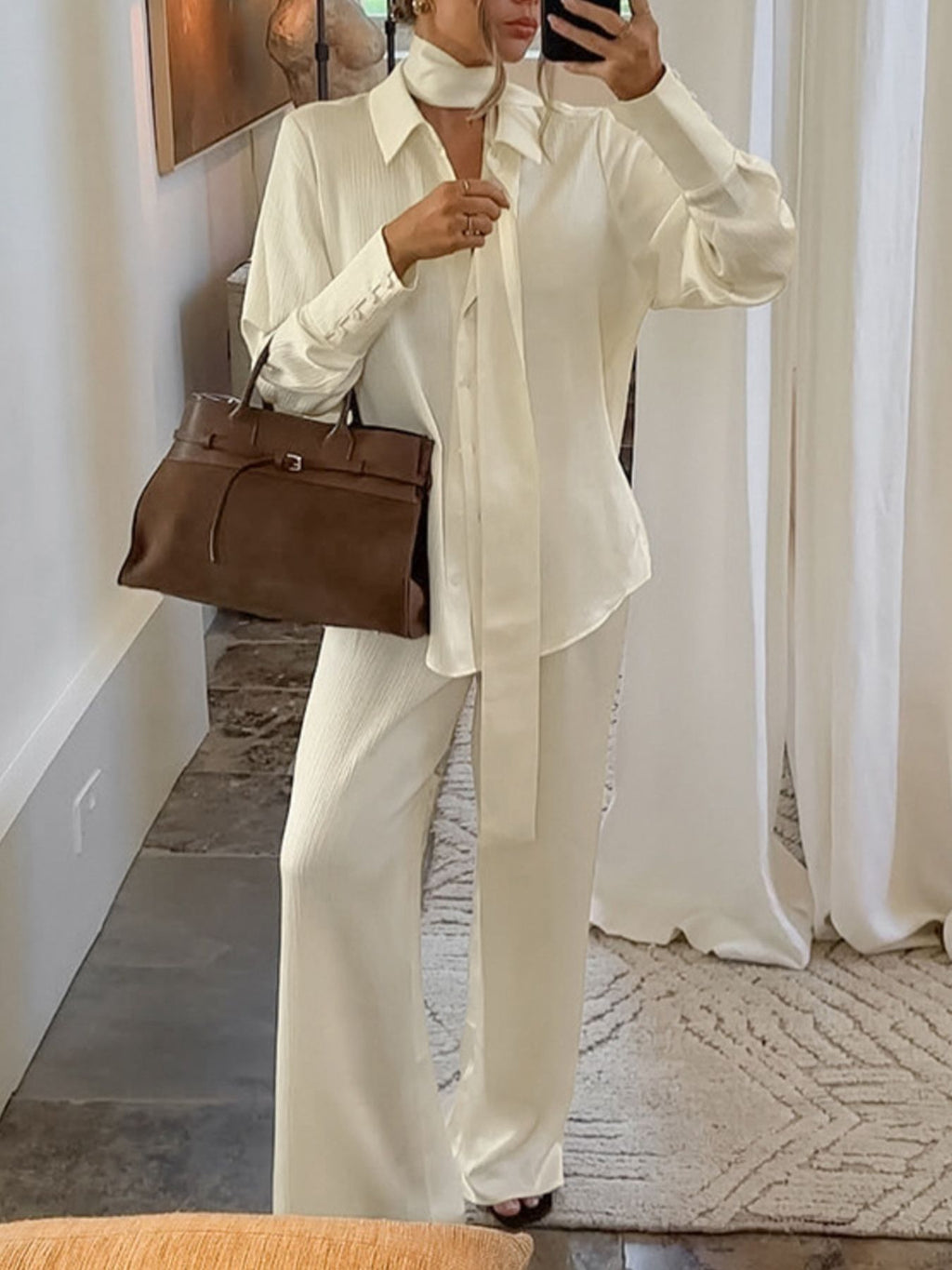 Texture Shirt and Wide-Leg Pants Set