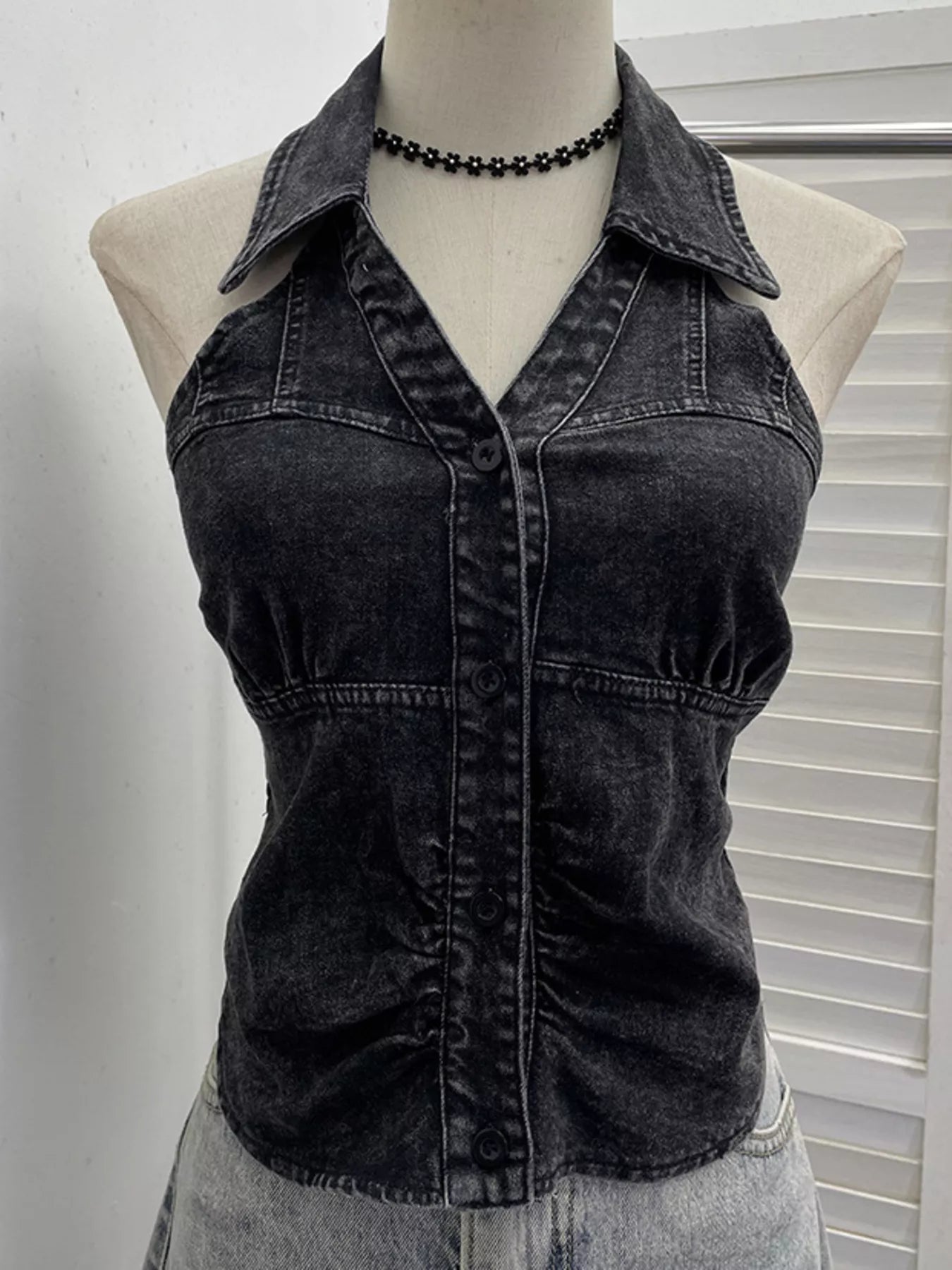 Smocked Denim Halter Collar Top