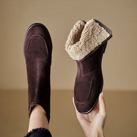 Women’s Fleece-Lined Ankle Boots – Round Toe Low Heel Winter Boots