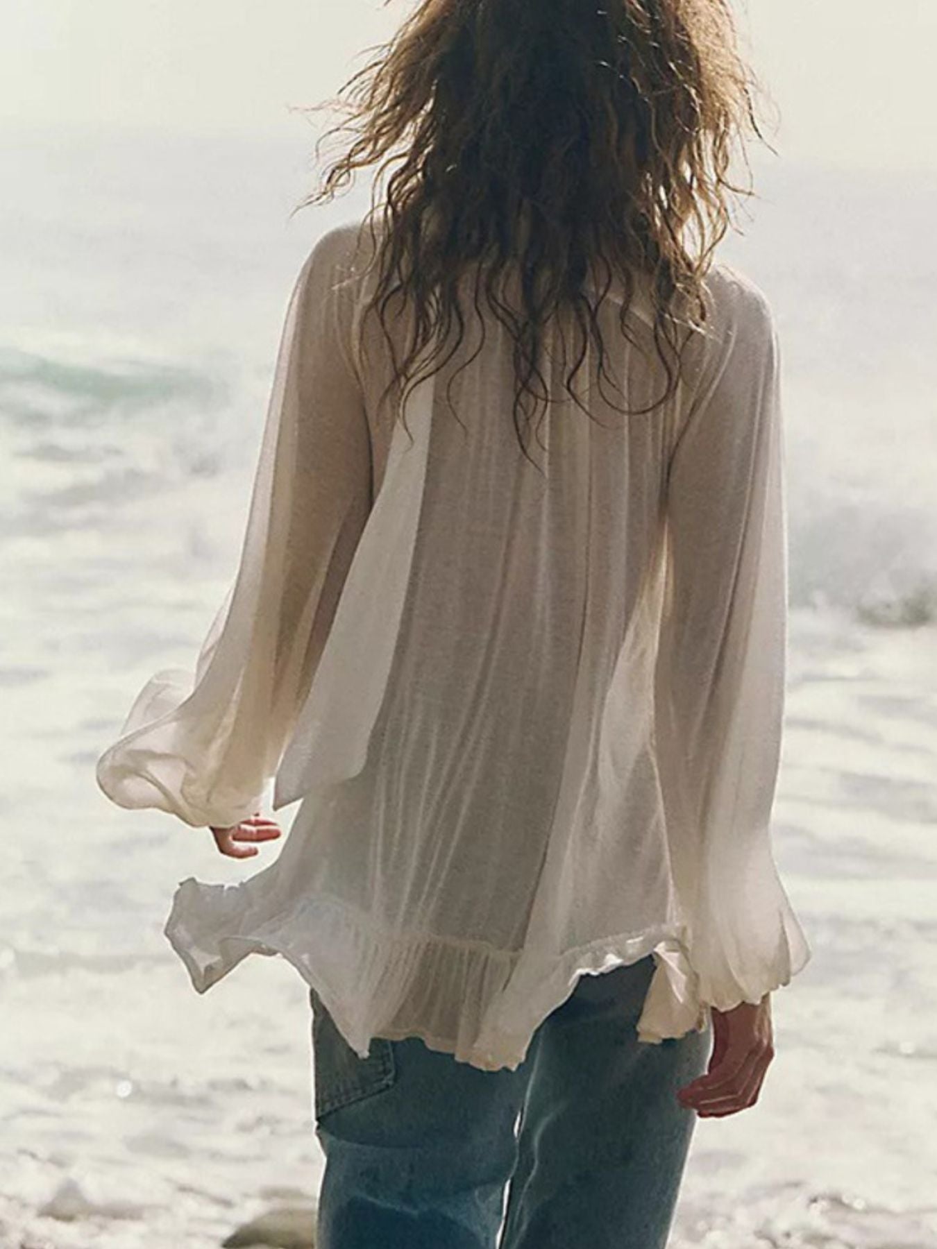 Sheer Ruffle Trim Beach Cover-Up