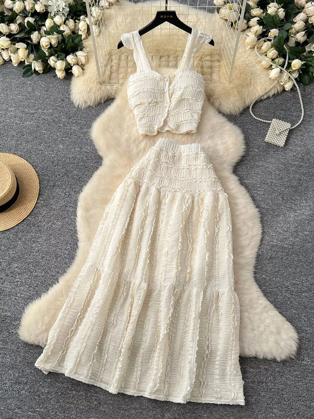 Textured Crop Top and Tiered Skirt Set