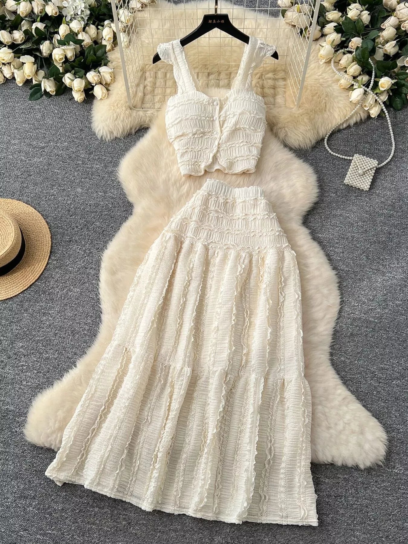 Textured Crop Top and Tiered Skirt Set