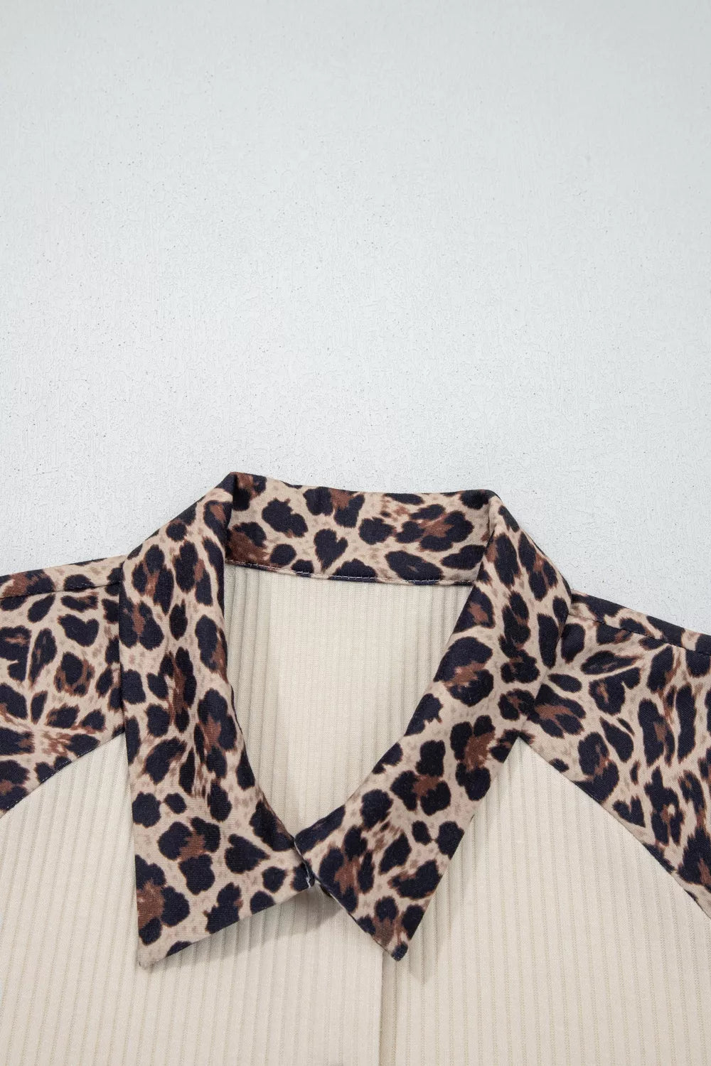 Ribbed Texture Button Down Leopard Patchwork Short Sleeve Shirt