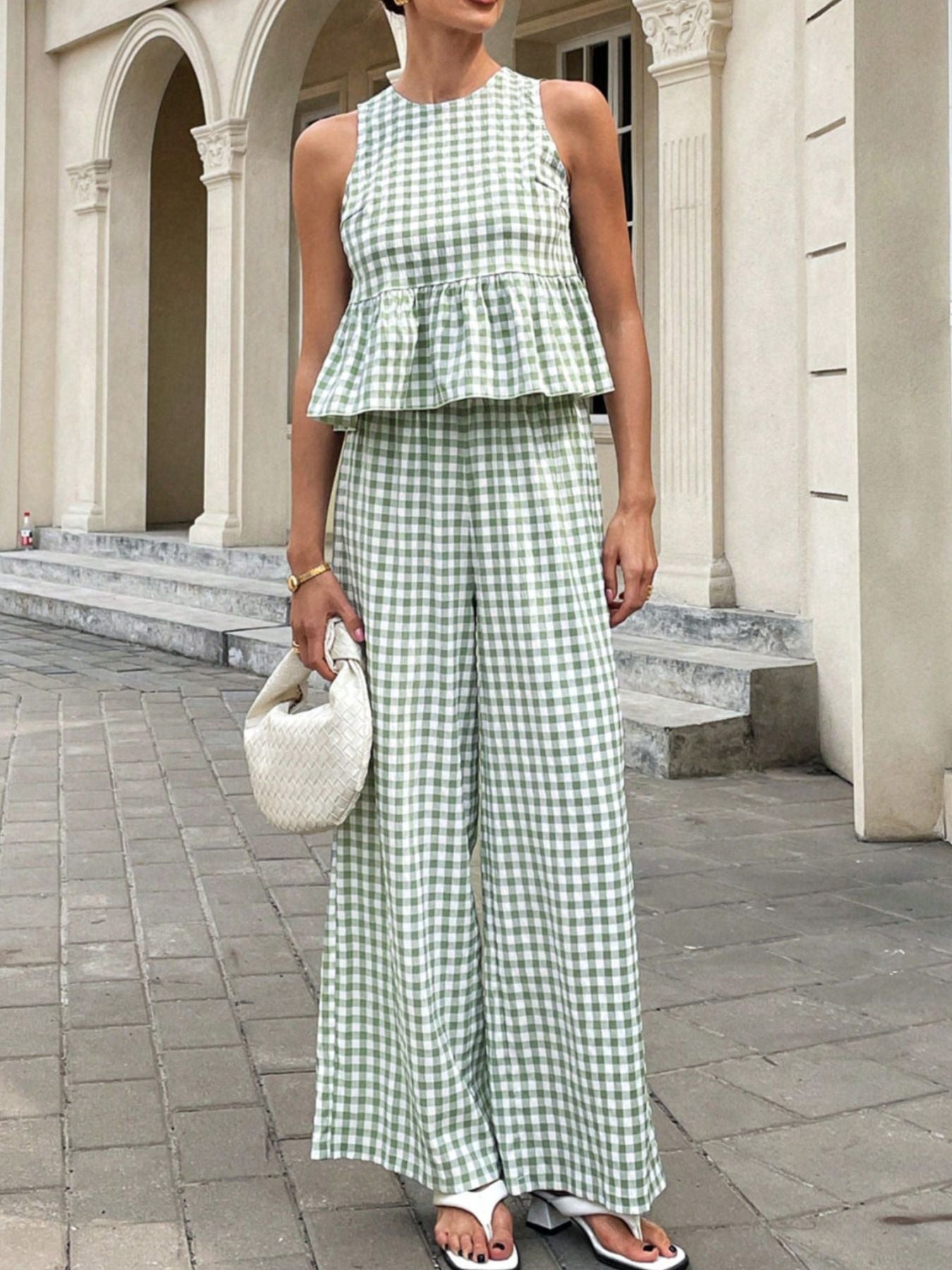 Gingham Sleeveless Top and Wide-Leg Pants Set