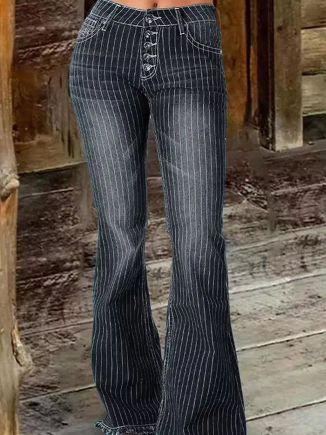 Striped Button Fly Flare Jeans