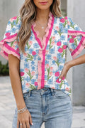 Floral Print Ruffle V-Neck Short Sleeve Loose Tunic Shirt