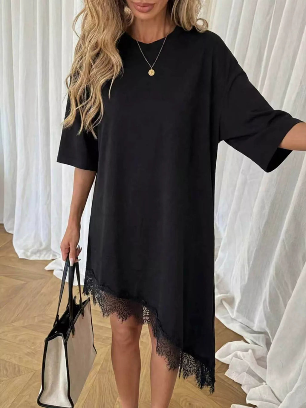 Lace Trim Asymmetrical Hem T-shirt Dress