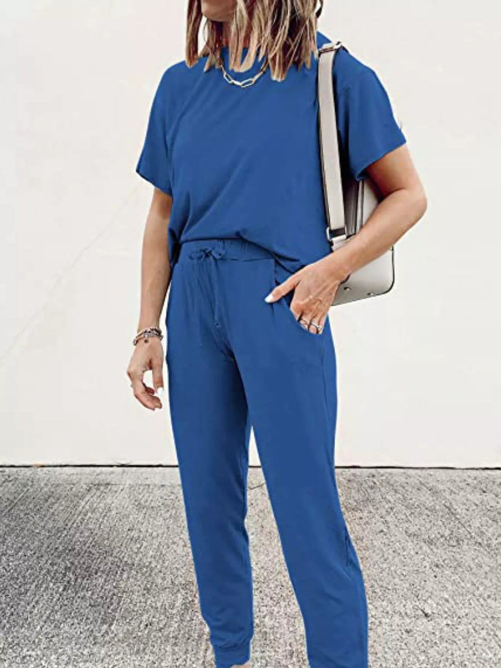 Full Size Round Neck Top and Drawstring Pants Set Plus Size