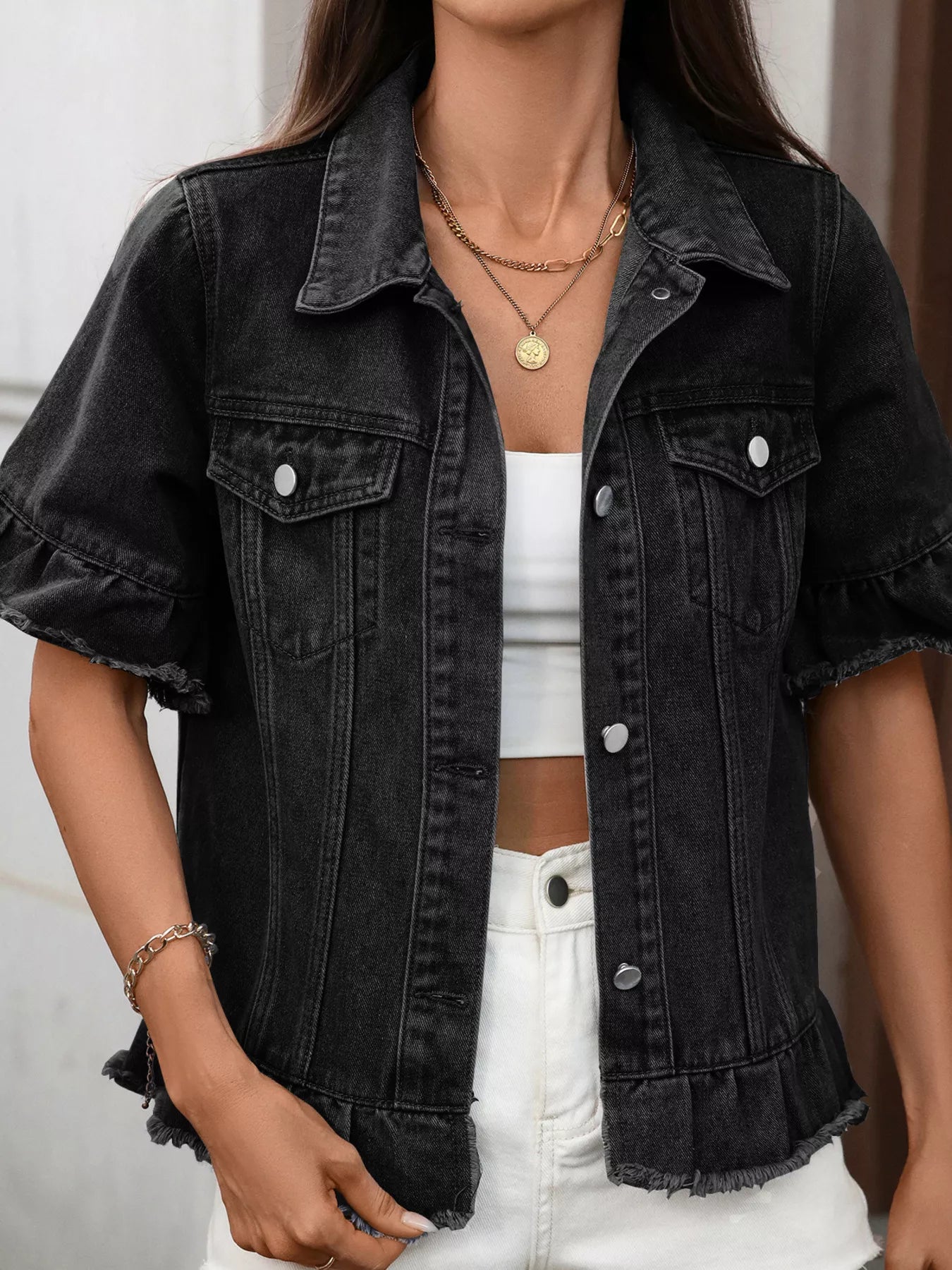 Raw Hem Button Up Denim Jacket