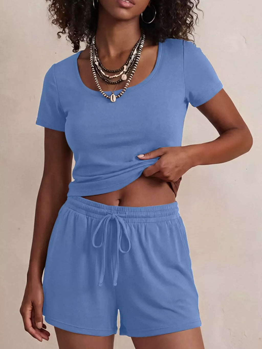Solid Color Short Sleeve Tee and Shorts Set