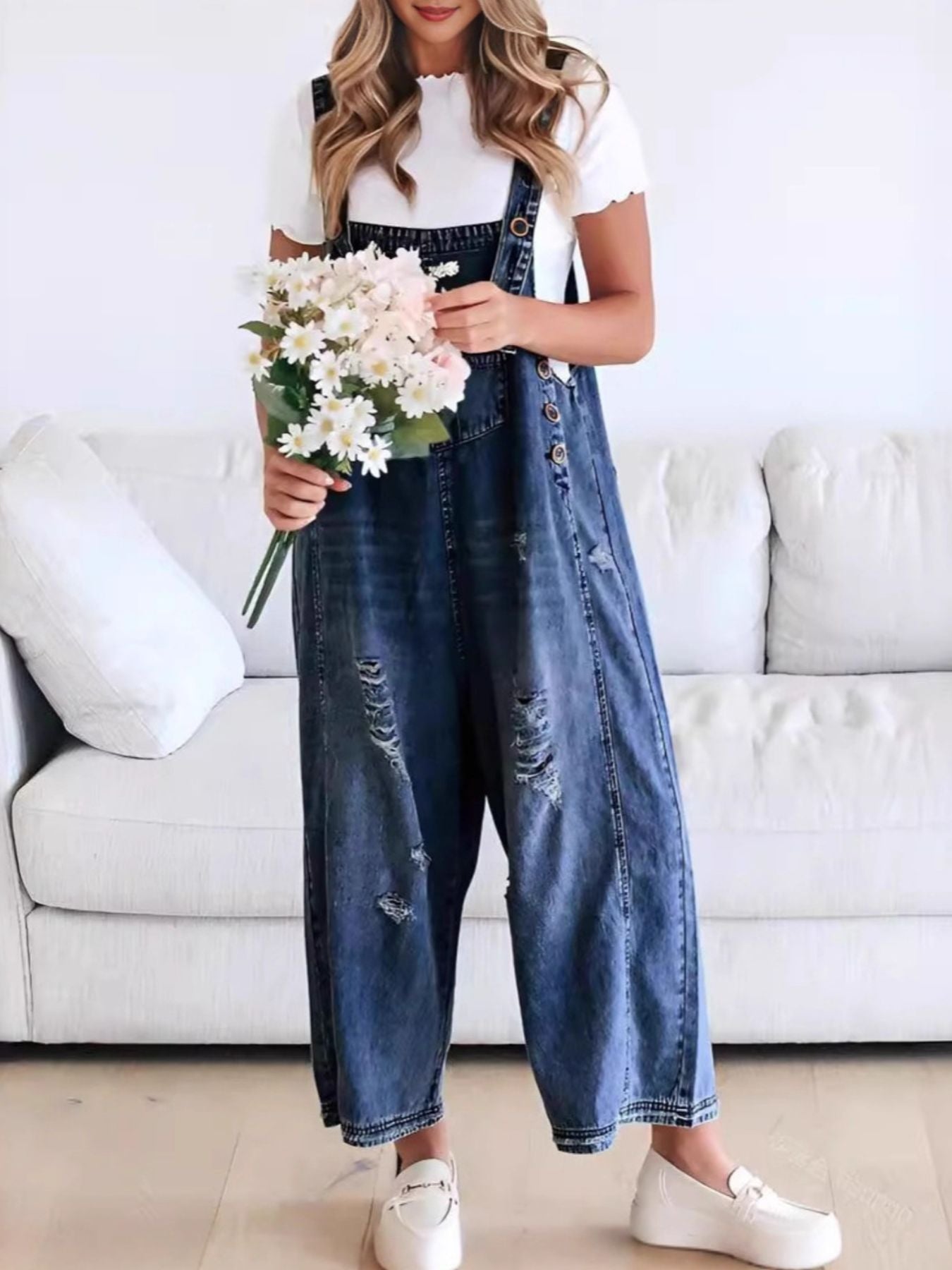 Distressed Wide Leg Denim Overalls