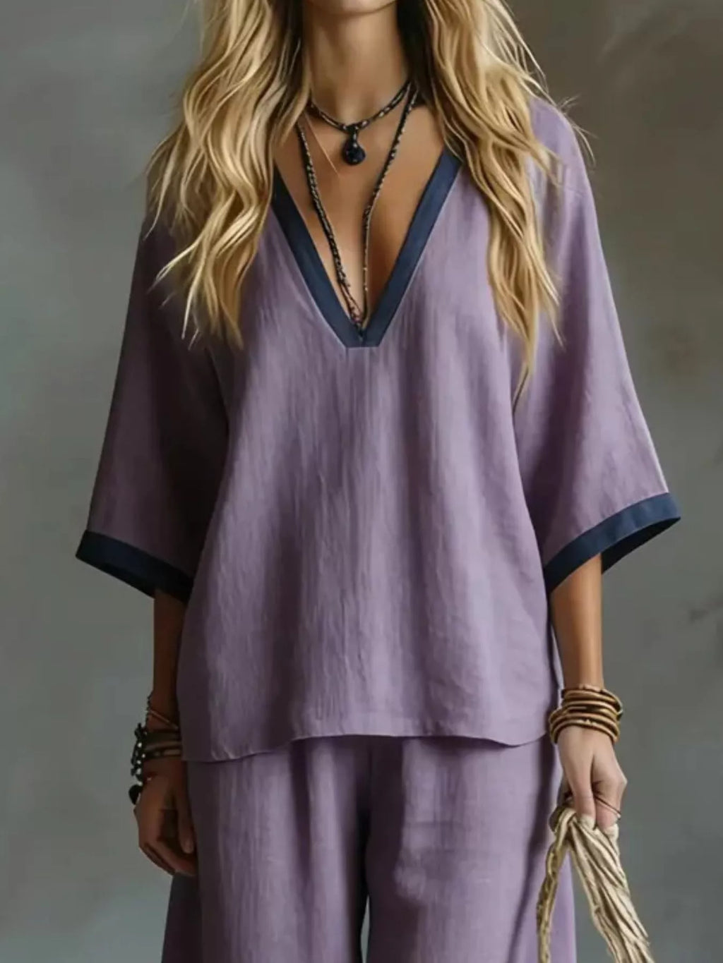 Contrast Trim V-Neck Top and Pants Set