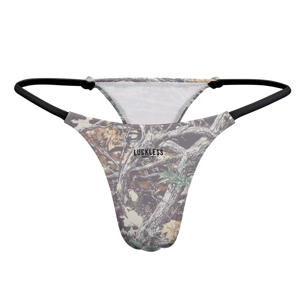 Luckless Outfitters Faded Camo Yoga Thong — detail close-up