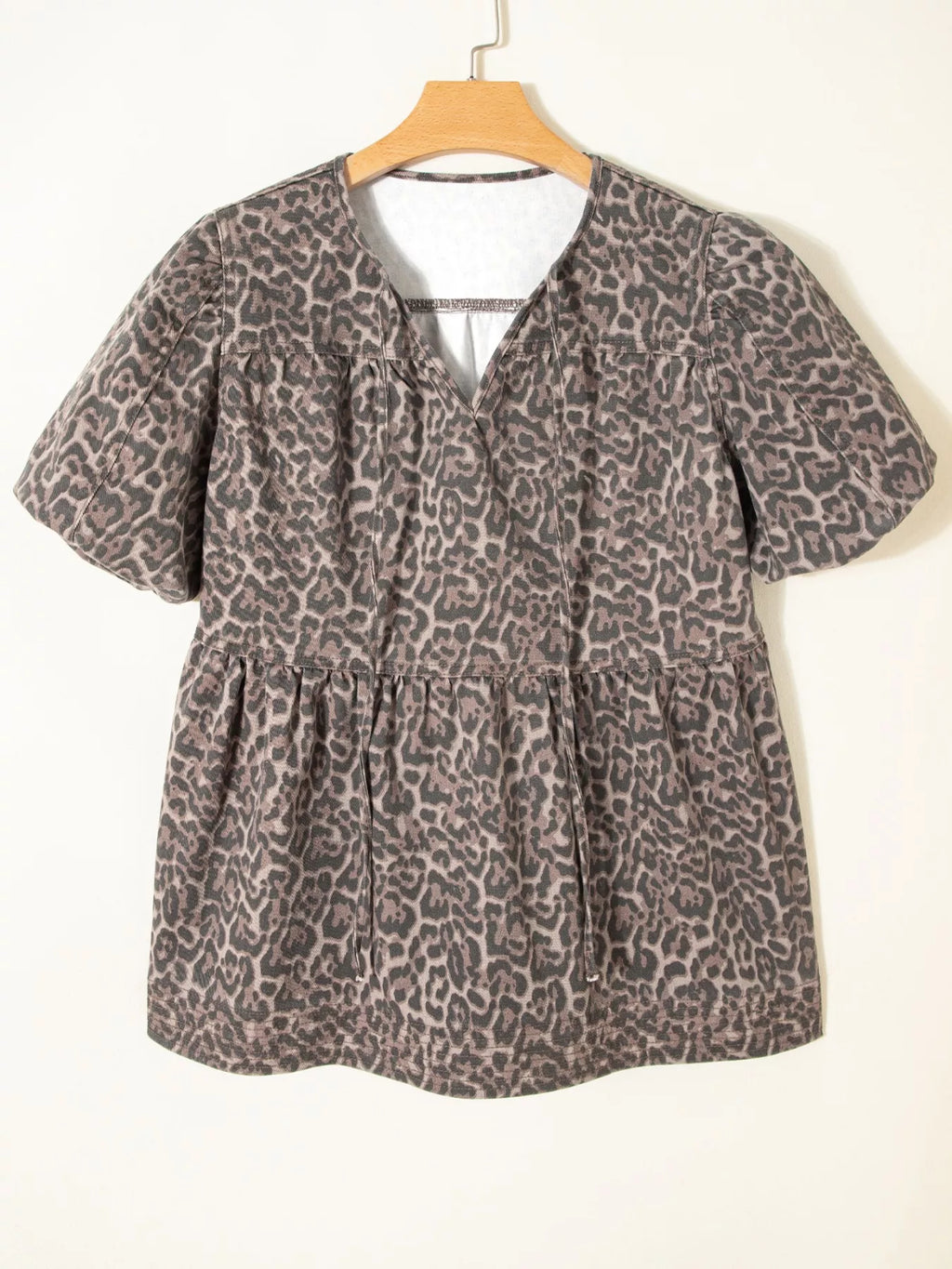 Leopard Print Ruffle Hem Denim Top