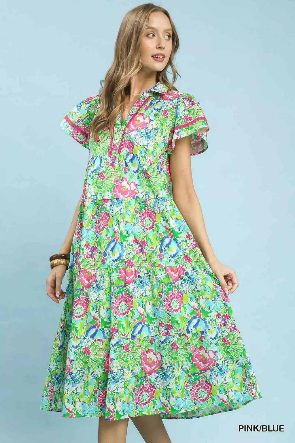 Umgee Bold Mixed Floral Tiered Midi Dress