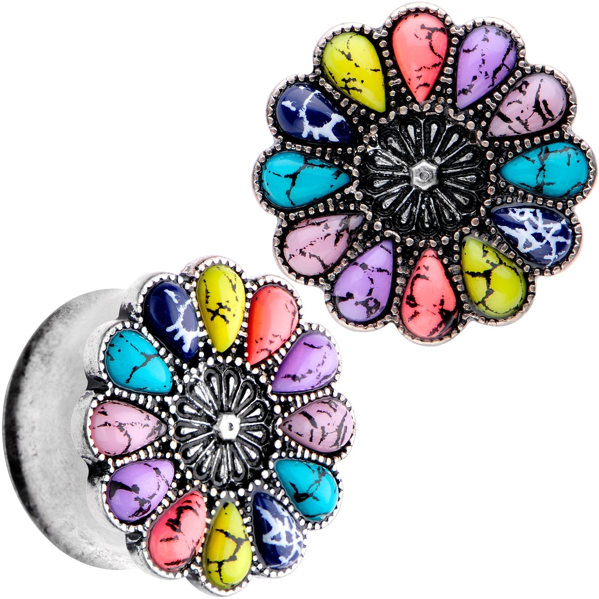 BodyCandy Southwestern Pinwheel Flower Double Flare Plug Set Set 2G to 22mm — size reference