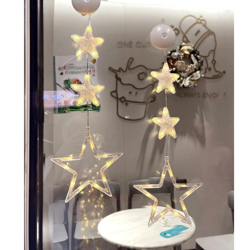Christmas 3Pcs LED Star Hanging Lights For Home Decor Suction Cup Battery Powered