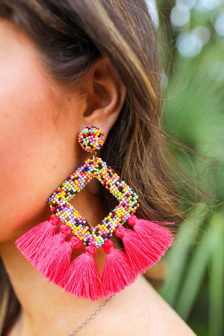 Pretty Little Patriot Pretty Little Patriot Hot Pink Ellie Fringe Drop Earrings — detail close-up