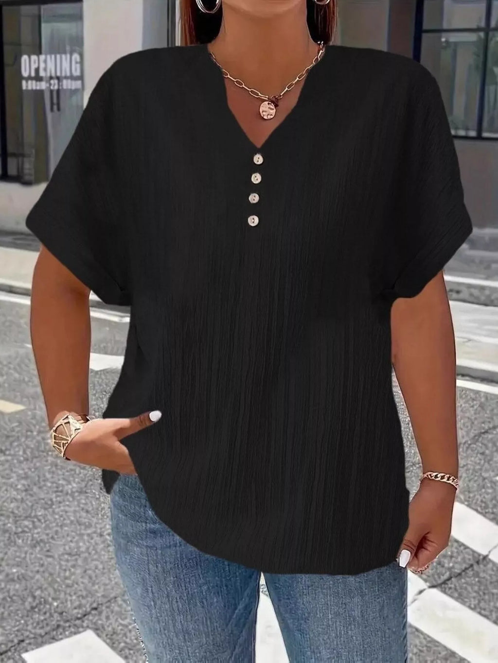 Plus Size Notched Short Sleeve Textured Top