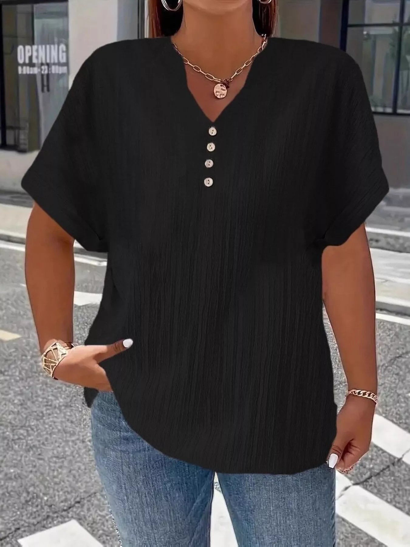 Plus Size Notched Short Sleeve Textured Top
