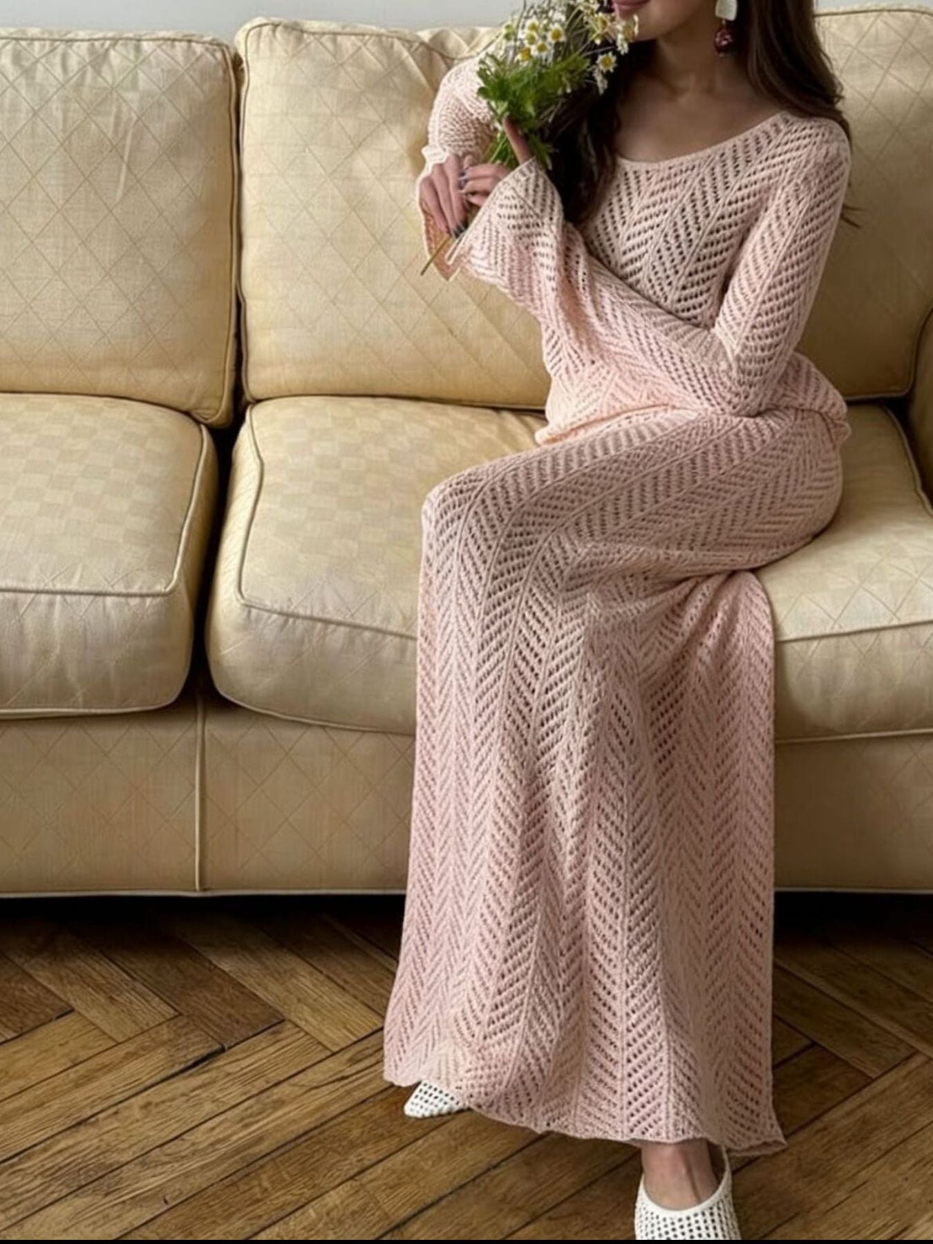 Openwork Long Sleeve Knit Top and Skirt Set