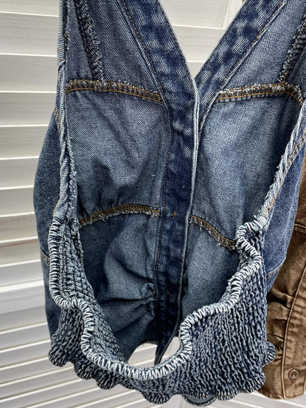 Smocked Denim Halter Collar Top