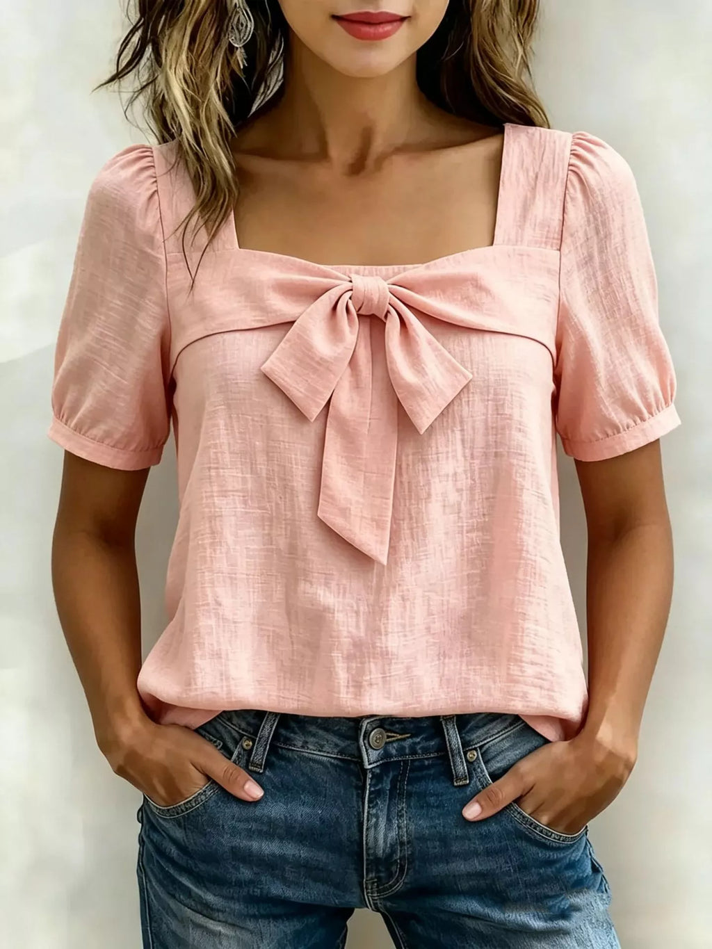 Bow Tie Square Neck Puff Sleeve Blouse