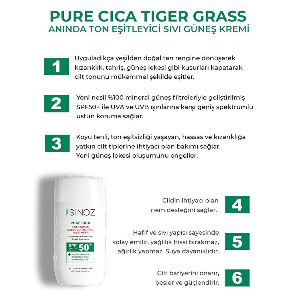 Sinoz Cica Tiger Grass Tinted Sunscreen SPF50+: Color Correcting, Redness Reducing Mineral Sunscreen with Hyaluronic Acid - Evens Skin Tone