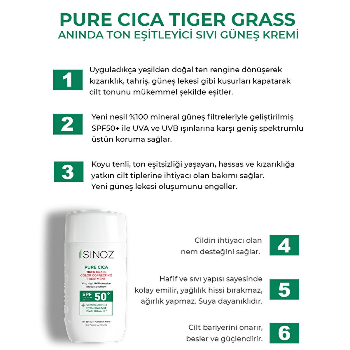 Sinoz Cica Tiger Grass Tinted Sunscreen SPF50+: Color Correcting, Redness Reducing Mineral Sunscreen with Hyaluronic Acid - Evens Skin Tone
