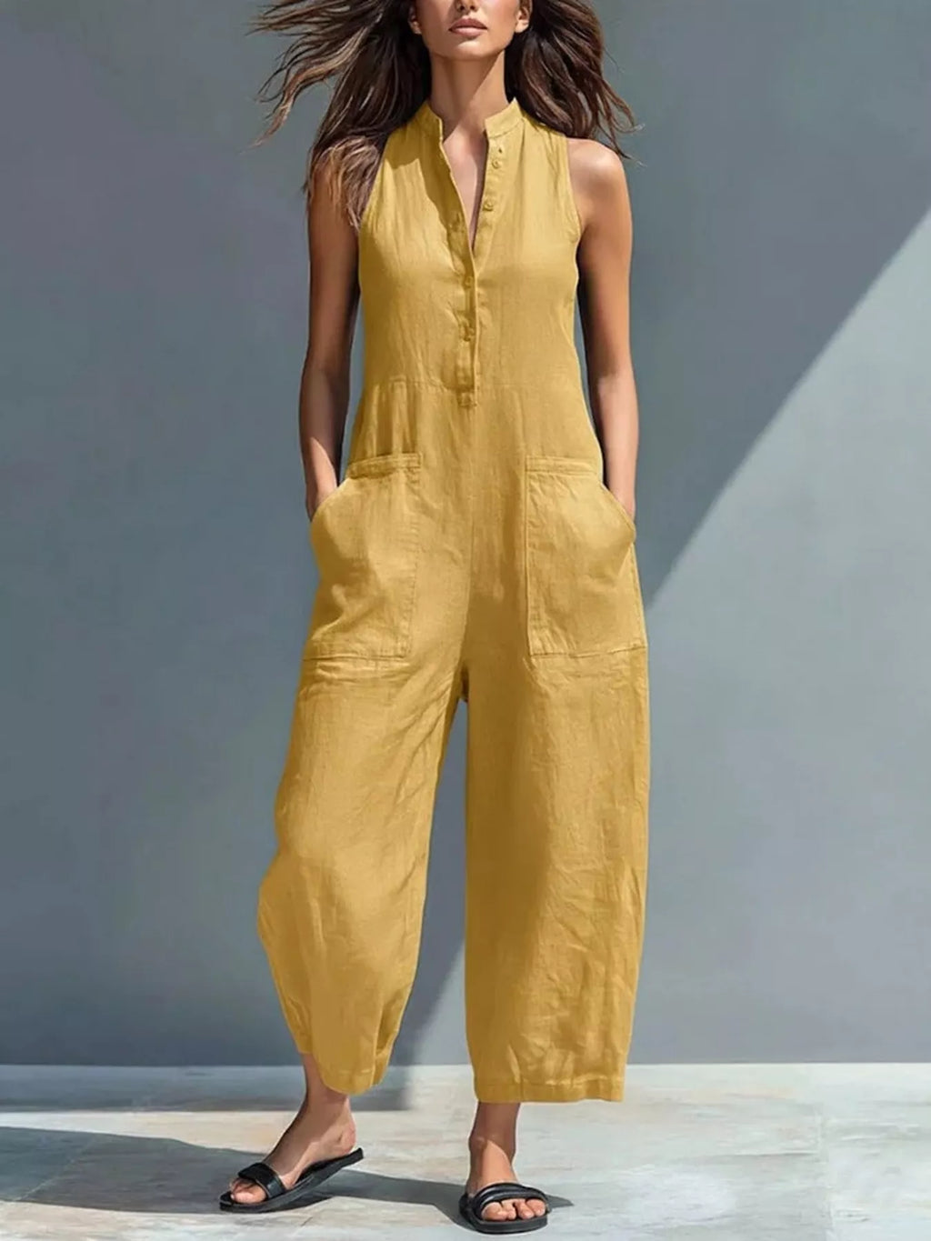 Full Size Button Front Sleeveless Jumpsuit Plus Size