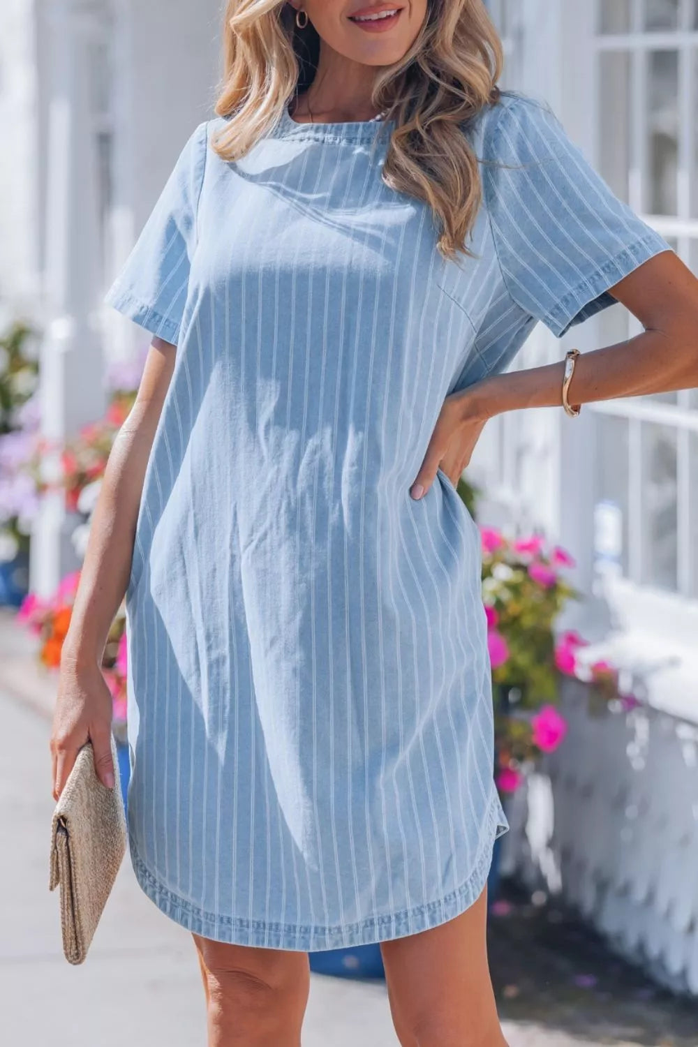 Stripe Buttoned Back T-Shirt Denim Mini Dress