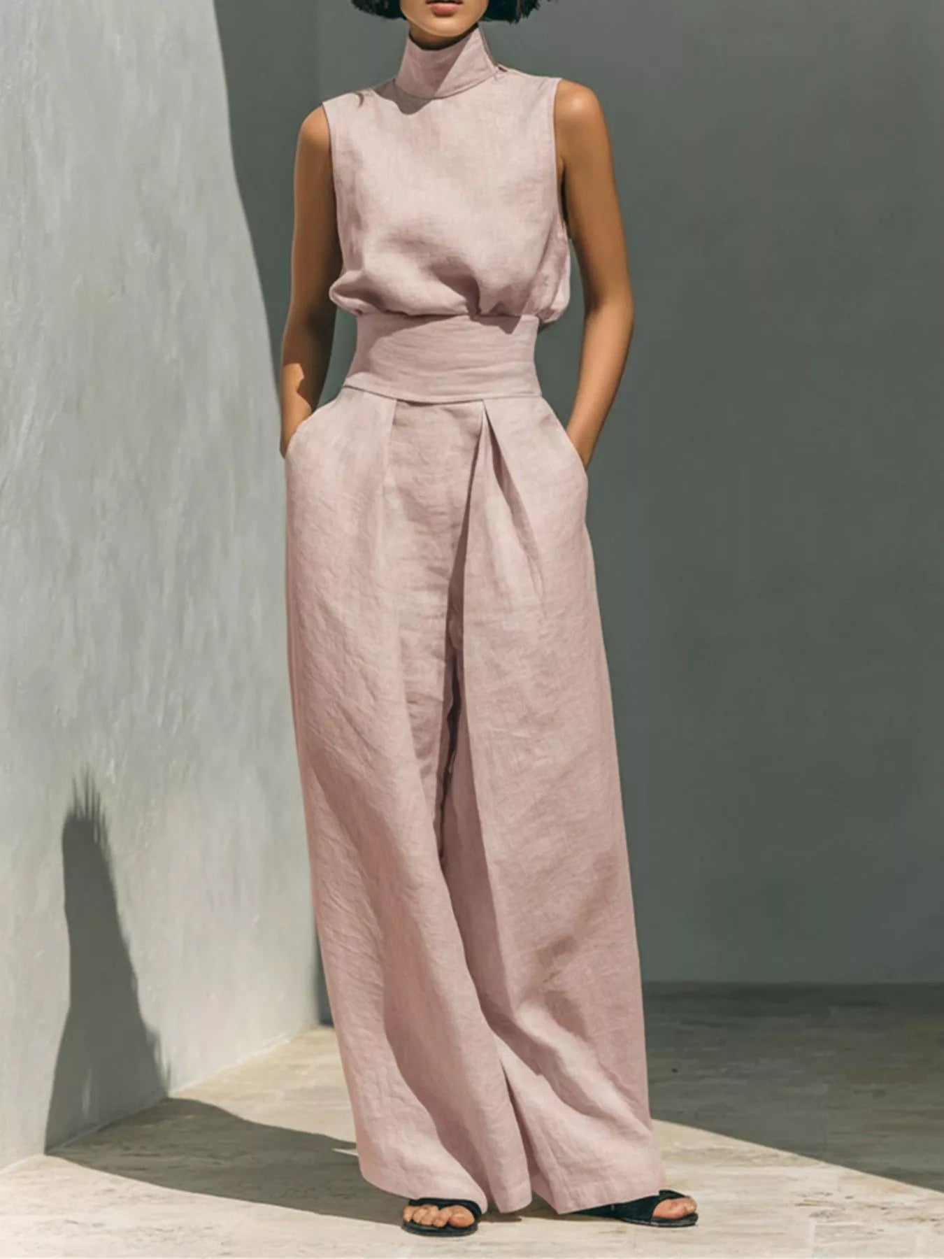 Turtleneck Sleeveless Top and Wide-Leg Pants Set