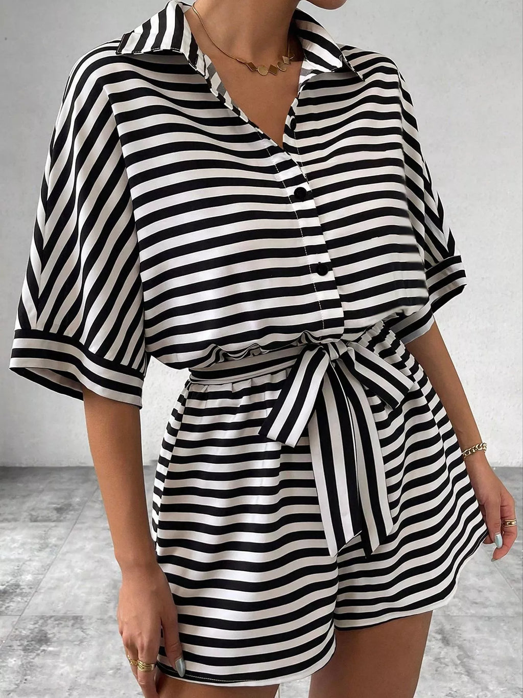 Striped Button-Up Belted Romper