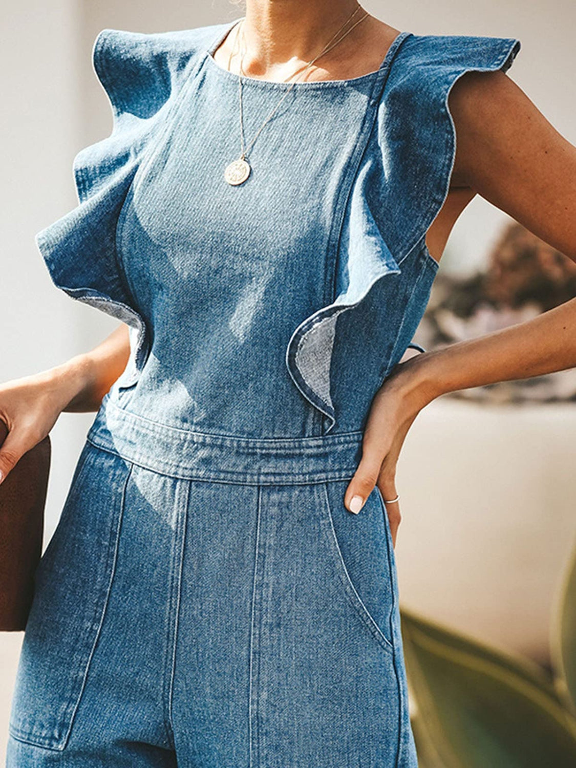 Ruffled Sleeveless Denim Jumpsuit
