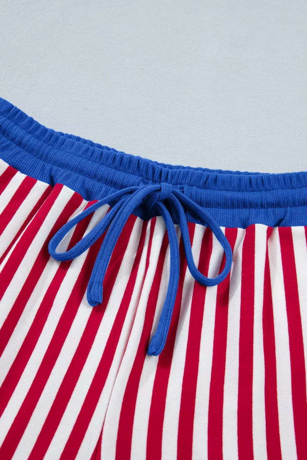 Stripe Colorblock Trim V Neck Tee Drawstring Elastic Waist Shorts Set