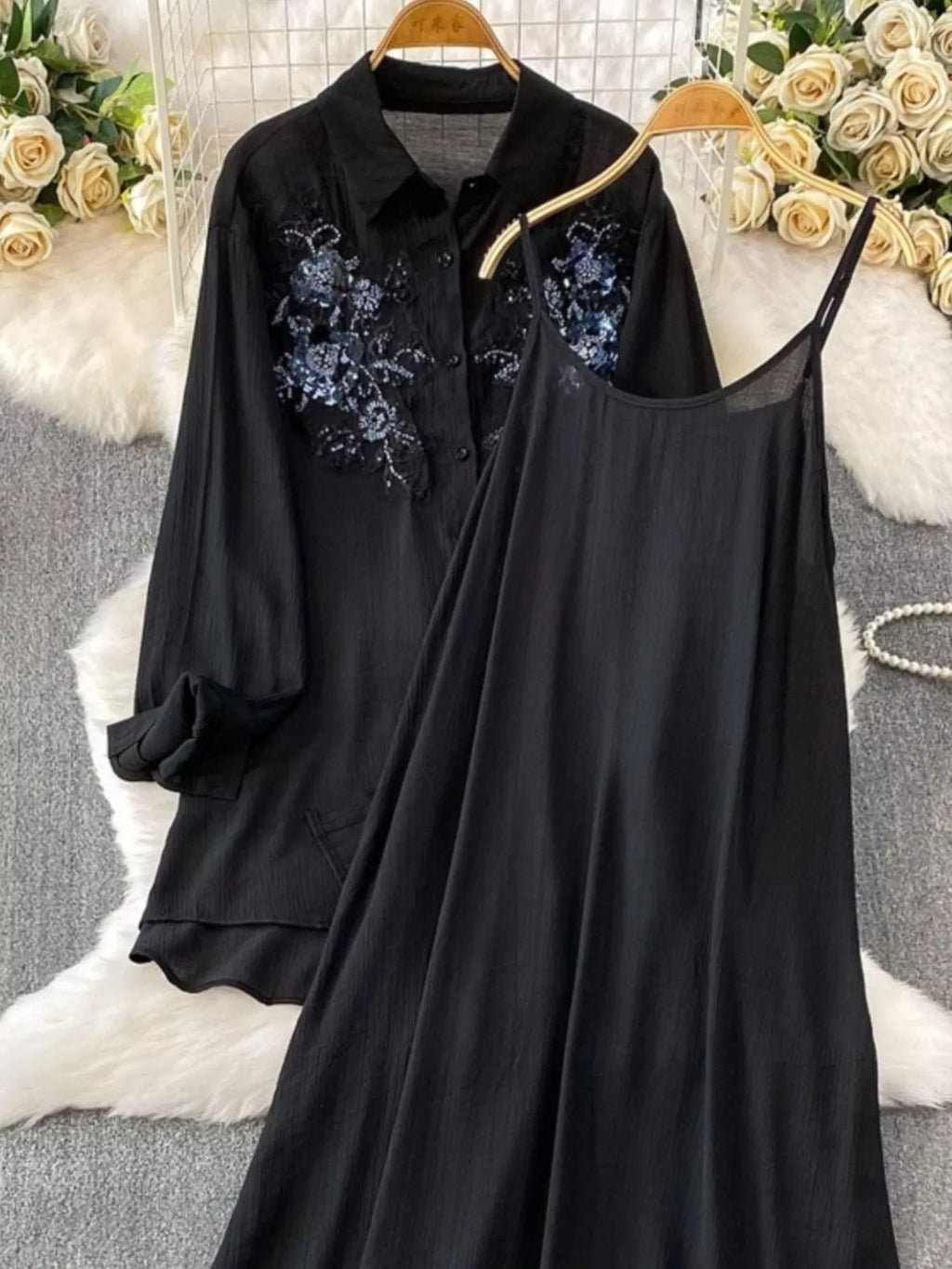 Sequin Flower Button Up Shirt and Cami Dress Set