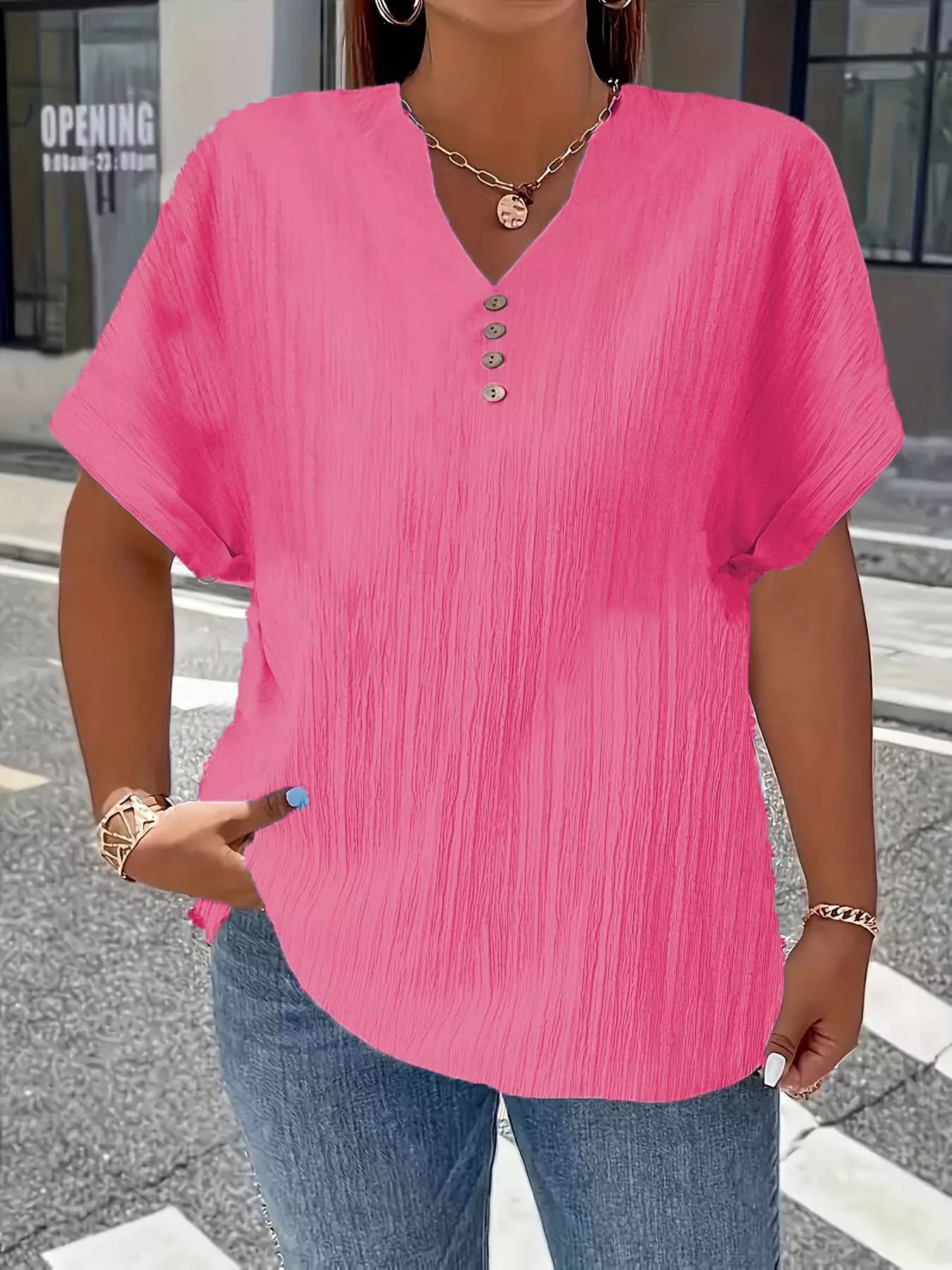 Plus Size Notched Short Sleeve Textured Top