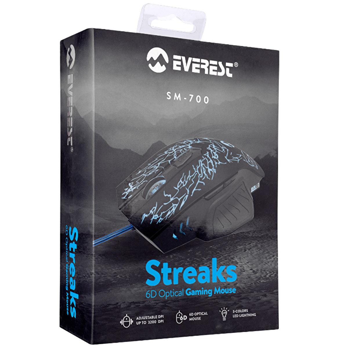 Everest SM-700 Wired Gaming Mouse - Customizable DPI, Optical Sensor, Black