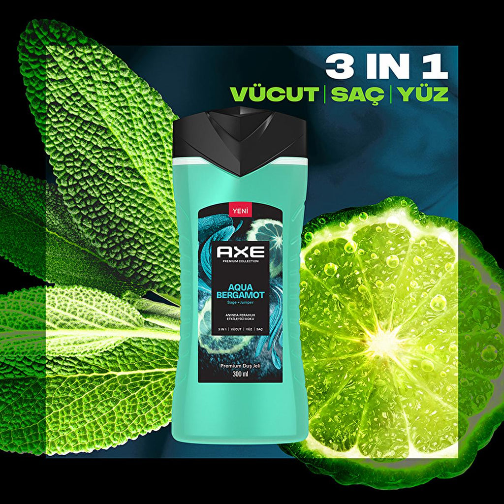 Axe Premium Collection Aqua Bergamot 3 in 1 Shower Gel - Refreshing Body, Hair & Face Cleanser for Men | 300 ml