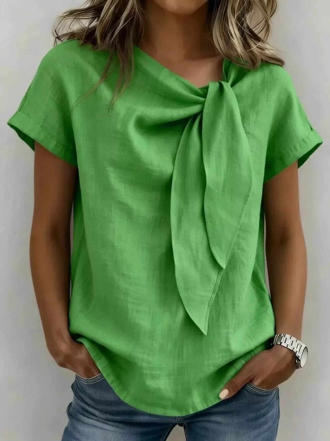 Full Size Bow Tie Neck Short Sleeve Blouse Plus Size