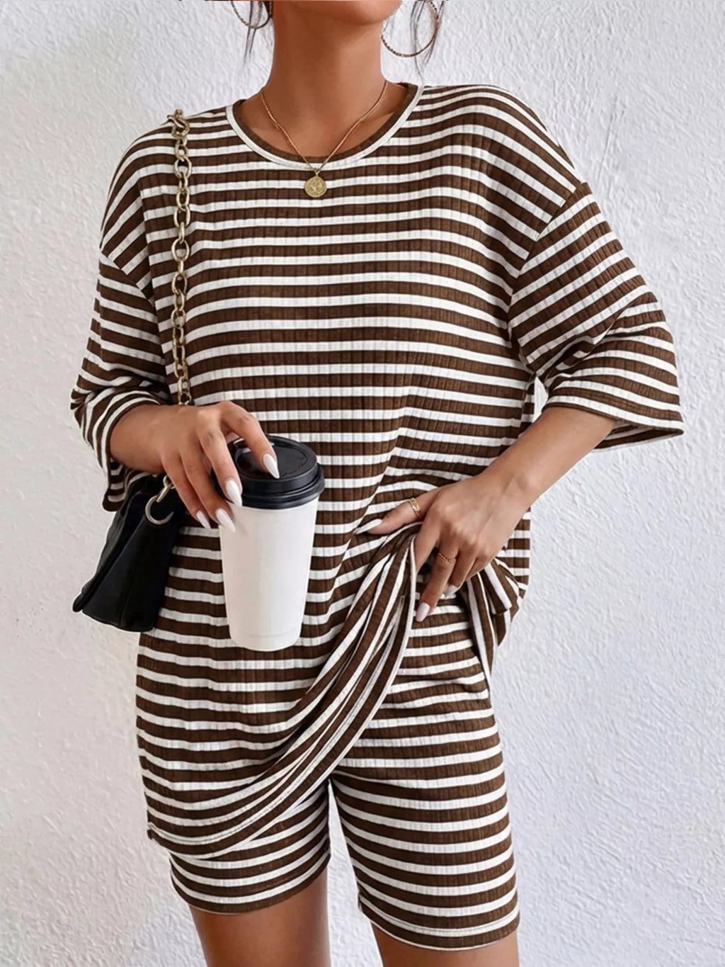 Striped Round Neck Top and Shorts Set