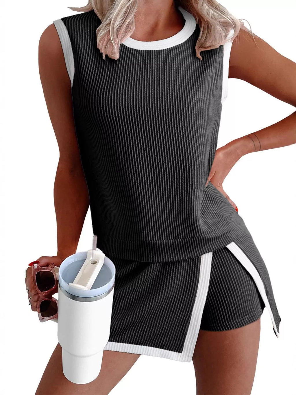 Ribbed Knit Sleeveless Top and Skort Set