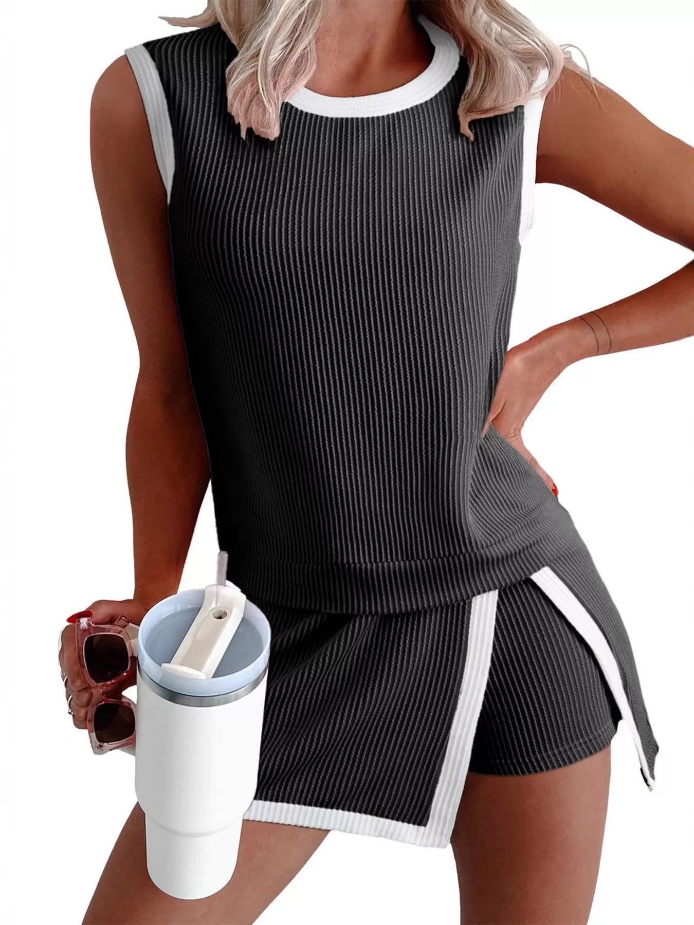 Ribbed Knit Sleeveless Top and Skort Set
