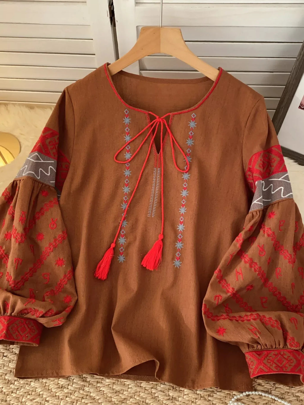 Embroidered Tie Neck Blouse