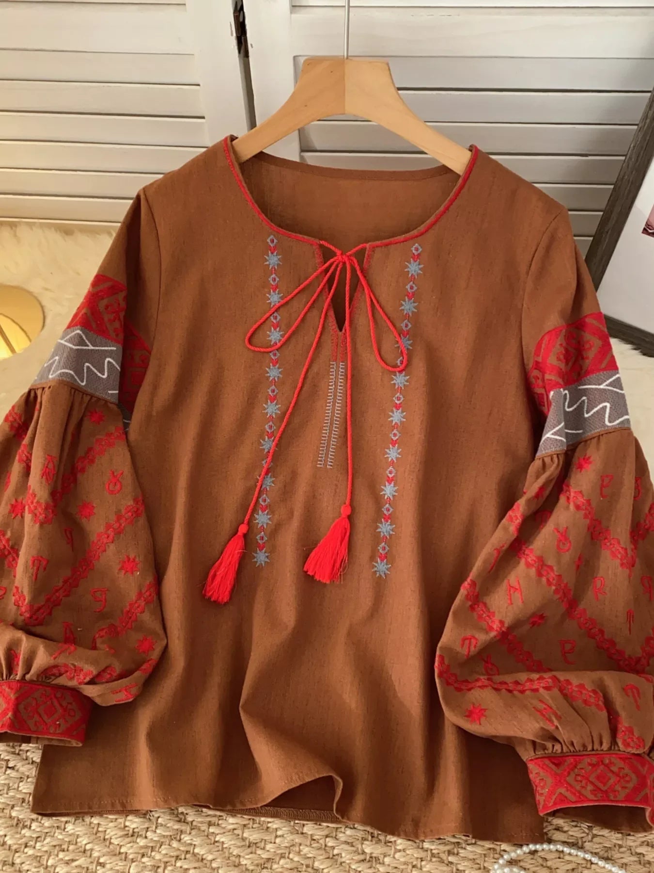 Embroidered Tie Neck Blouse