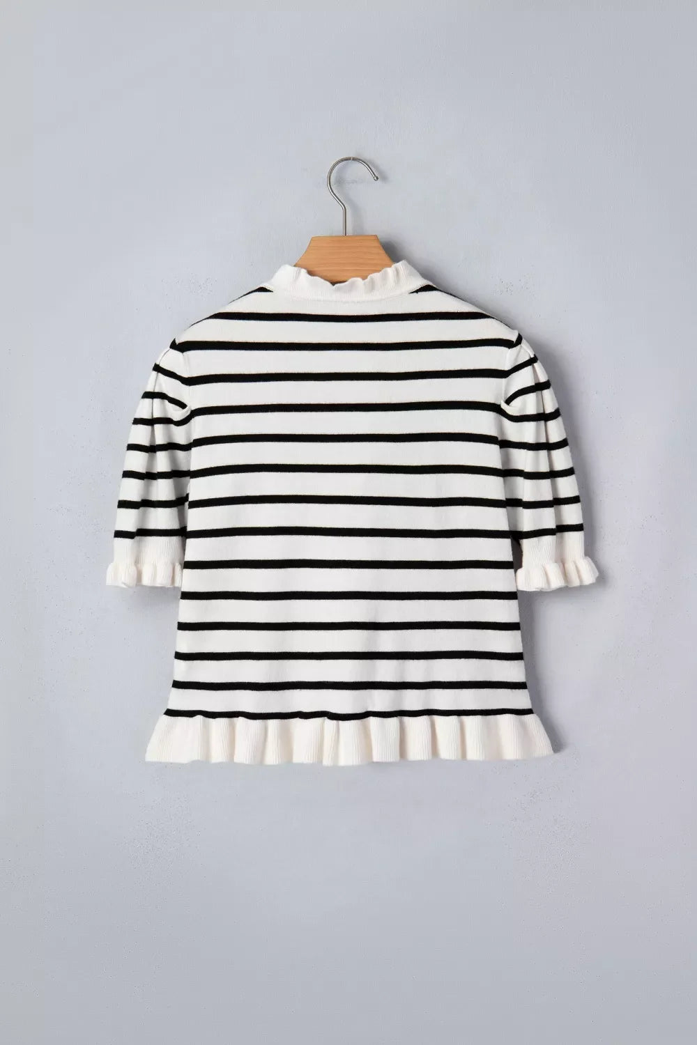 Stripe Ruffle Trim Button Down Knit Short Sleeve Sweater Cardigan